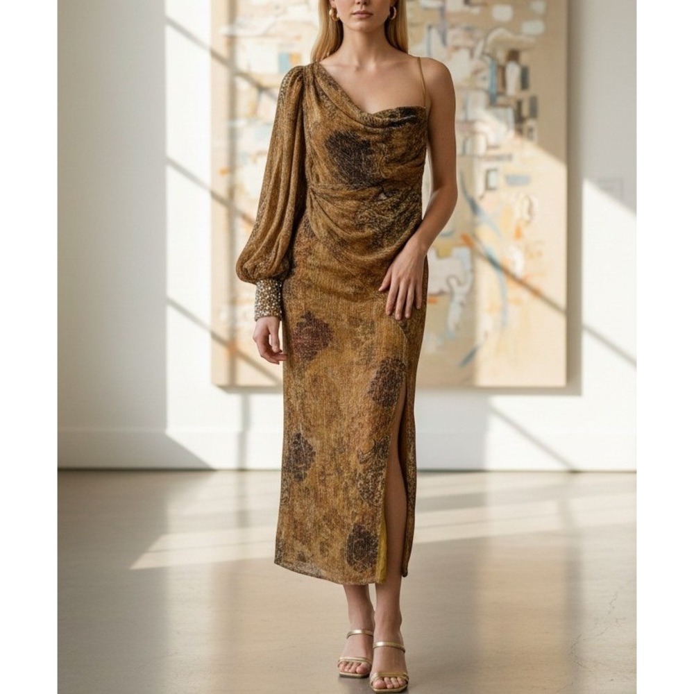 NWT Anthropologie Nirmooha One-Shoulder Shine Honey Gold Metallic Dress M Luxury